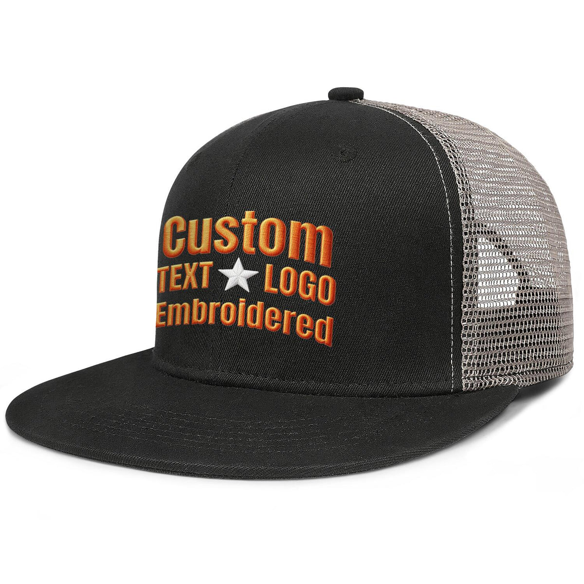 Custom embroidered or printed black mesh flat-brim cap by Vosoli | Personalized text &amp; logo | Breathable structured fit