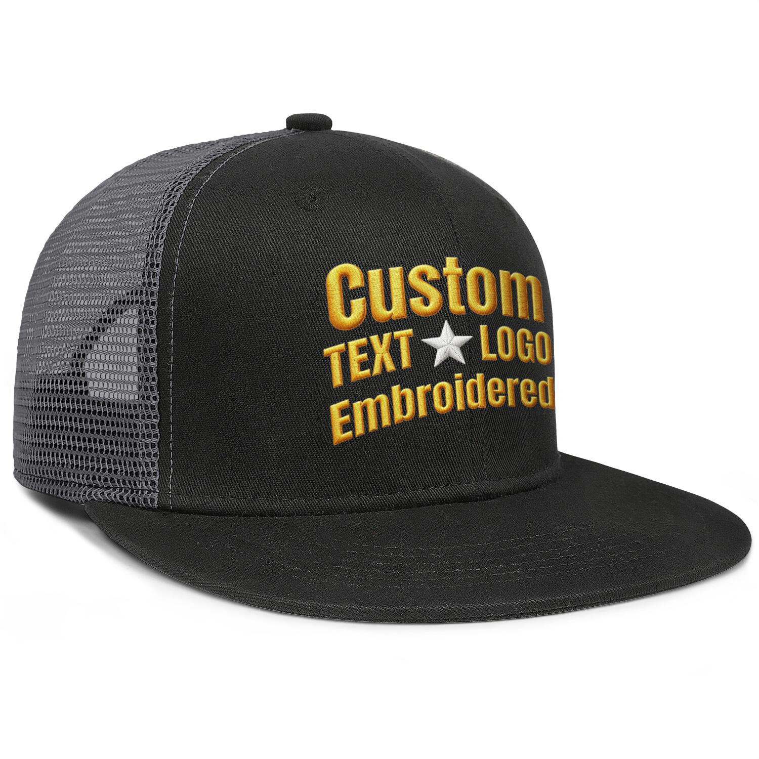 Custom Embroidered or Printed Black Mesh Flat-Brim Cap