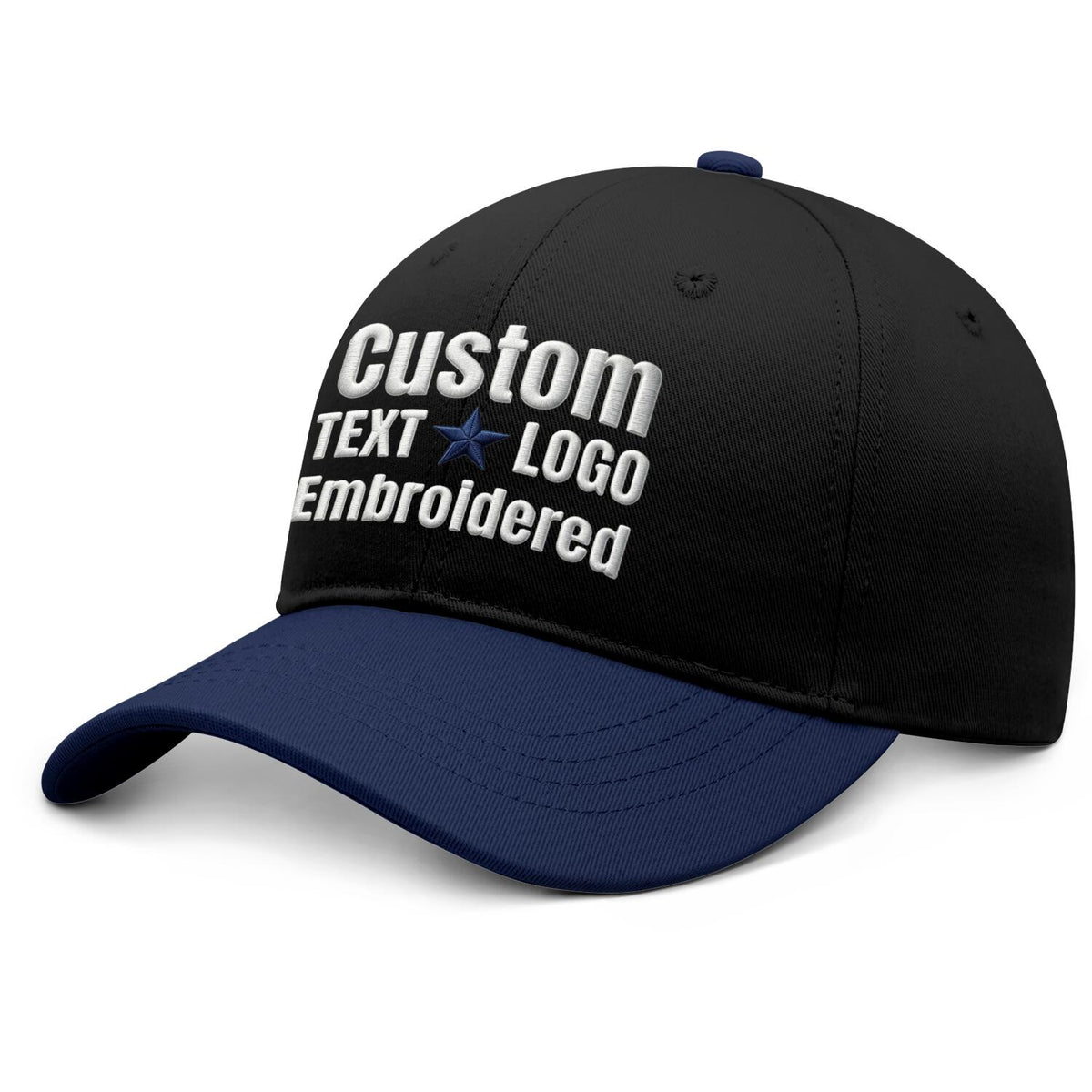 Custom Embroidered or Printed Black & Navy Blue Color Block Baseball Cap | Personalized Sport Hat