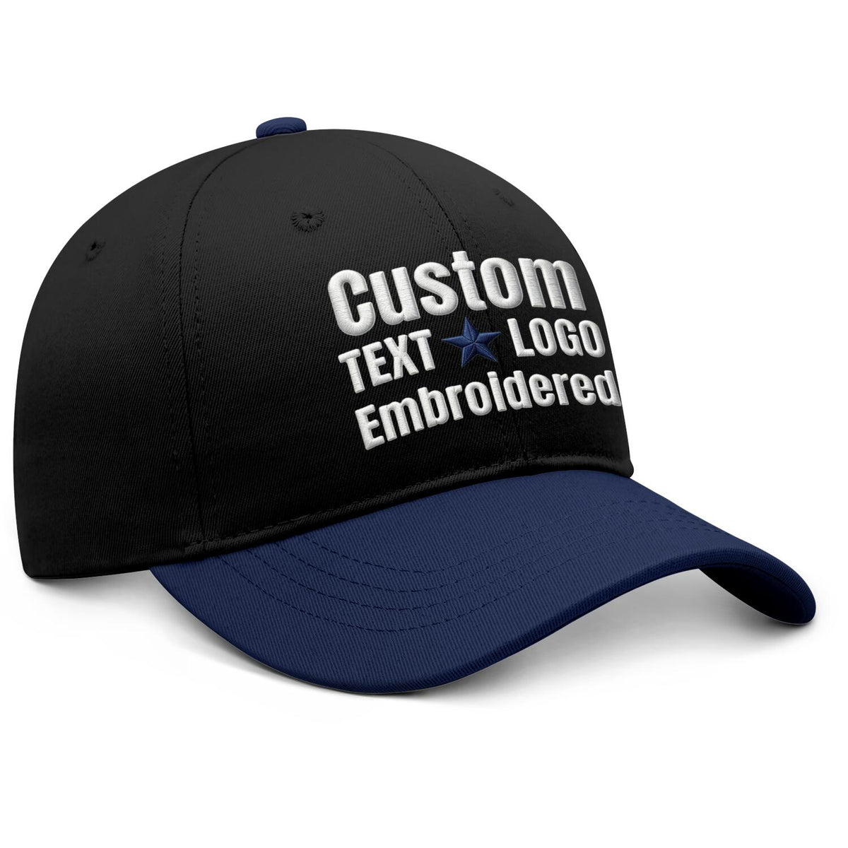 Custom Embroidered or Printed Black & Navy Blue Color Block Baseball Cap | Personalized Sport Hat