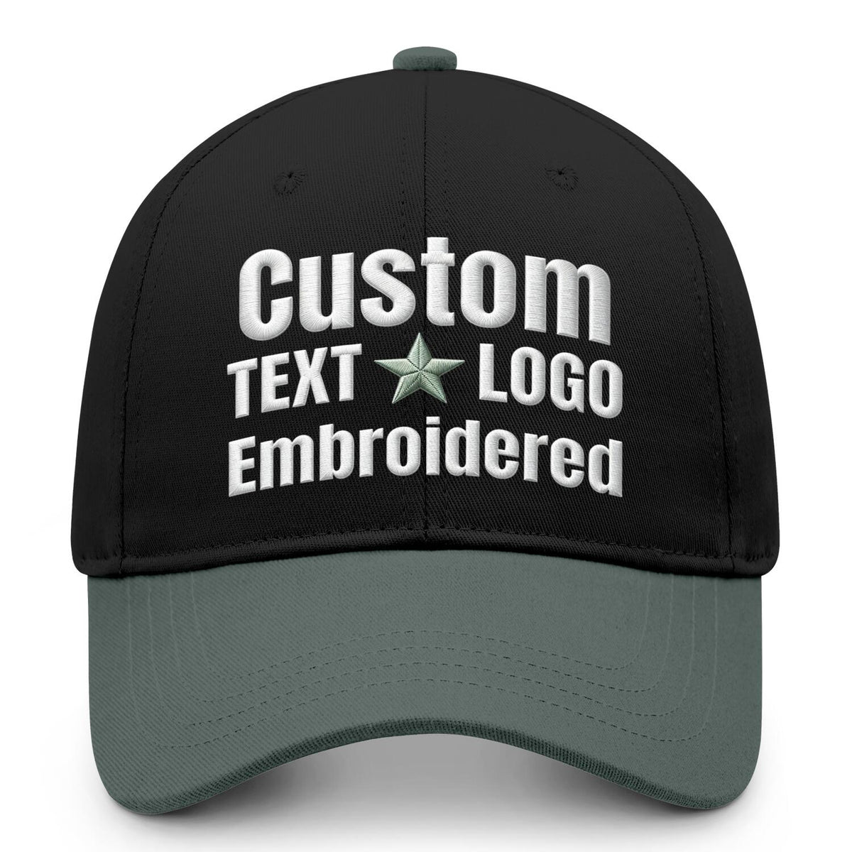 Custom embroidered or printed black &amp; olive green color block baseball cap by Vosoli | Personalized text &amp; logo | Structured fit