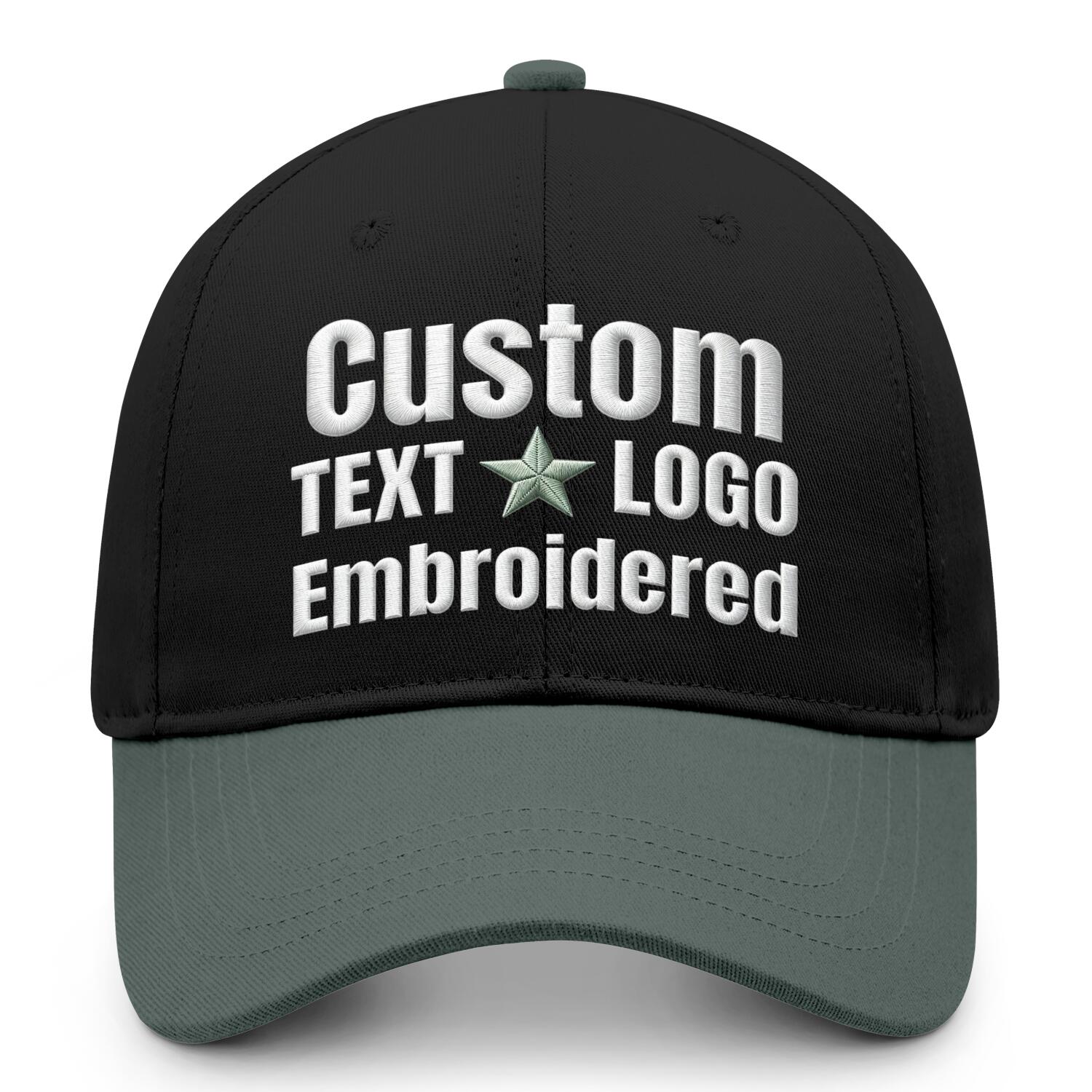 Custom embroidered or printed black & olive green color block baseball cap by Vosoli | Personalized text & logo | Structured fit