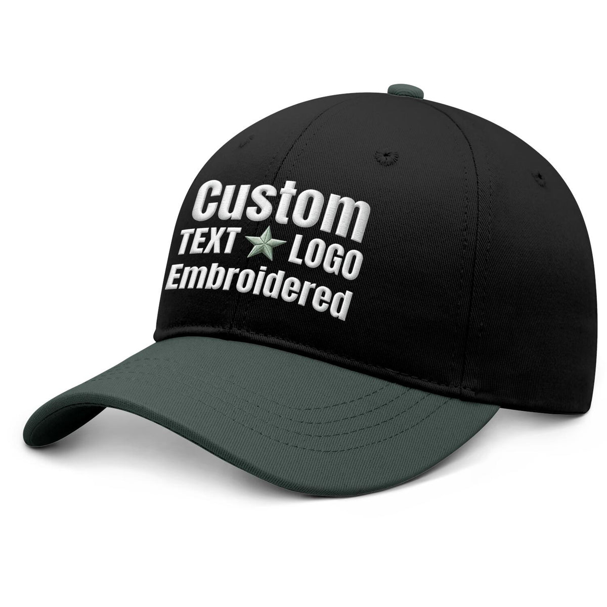 Custom Embroidered or Printed Black & Olive Green Color Block Baseball Cap | Personalized Sport Hat