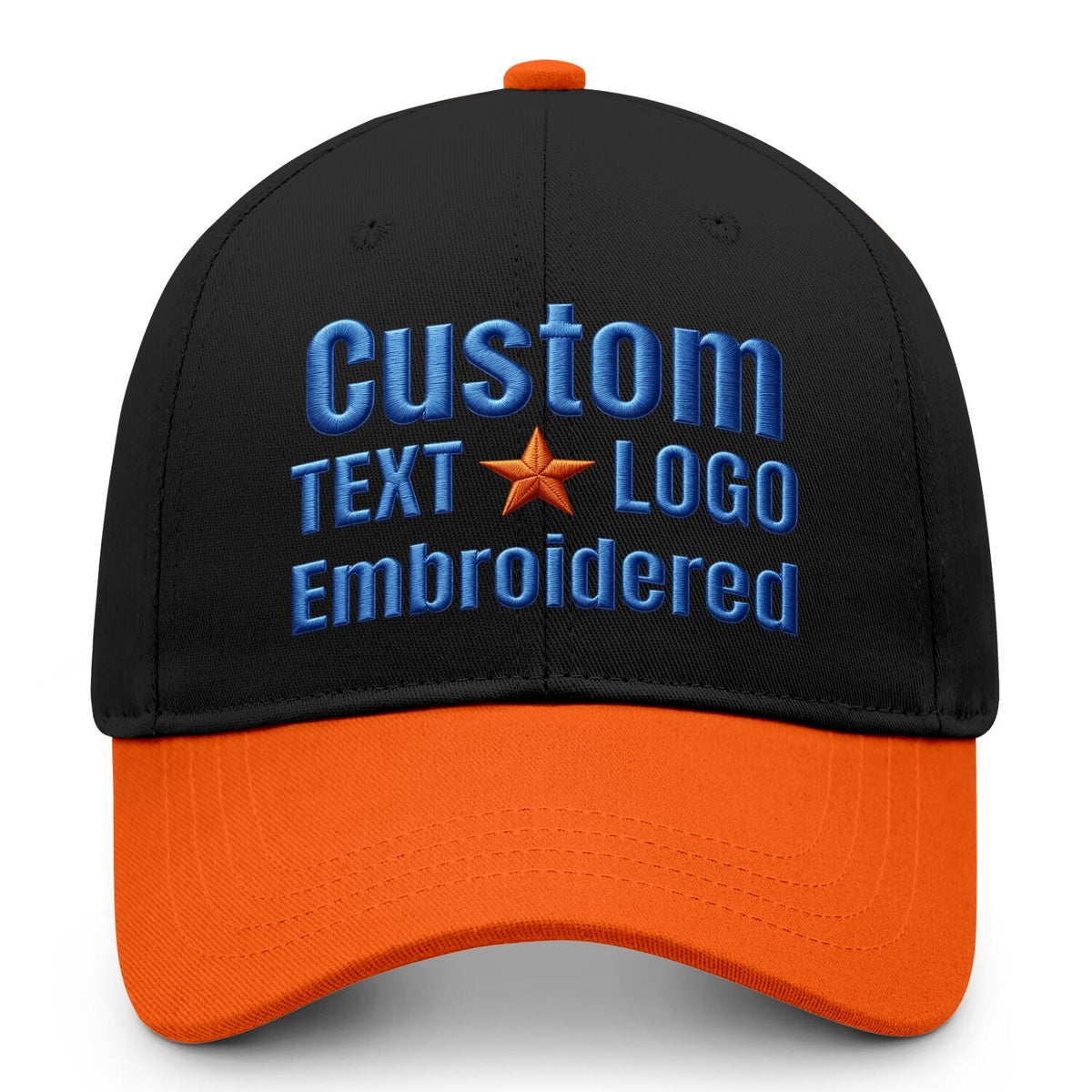 Custom embroidered or printed black &amp; orange color block baseball cap by Vosoli | Personalized text &amp; logo | Structured fit