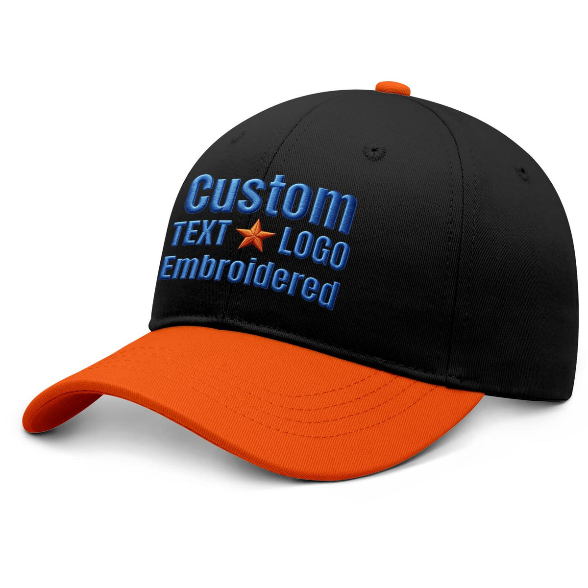 Custom Embroidered or Printed Black & Orange Color Block Baseball Cap | Personalized Sport Hat