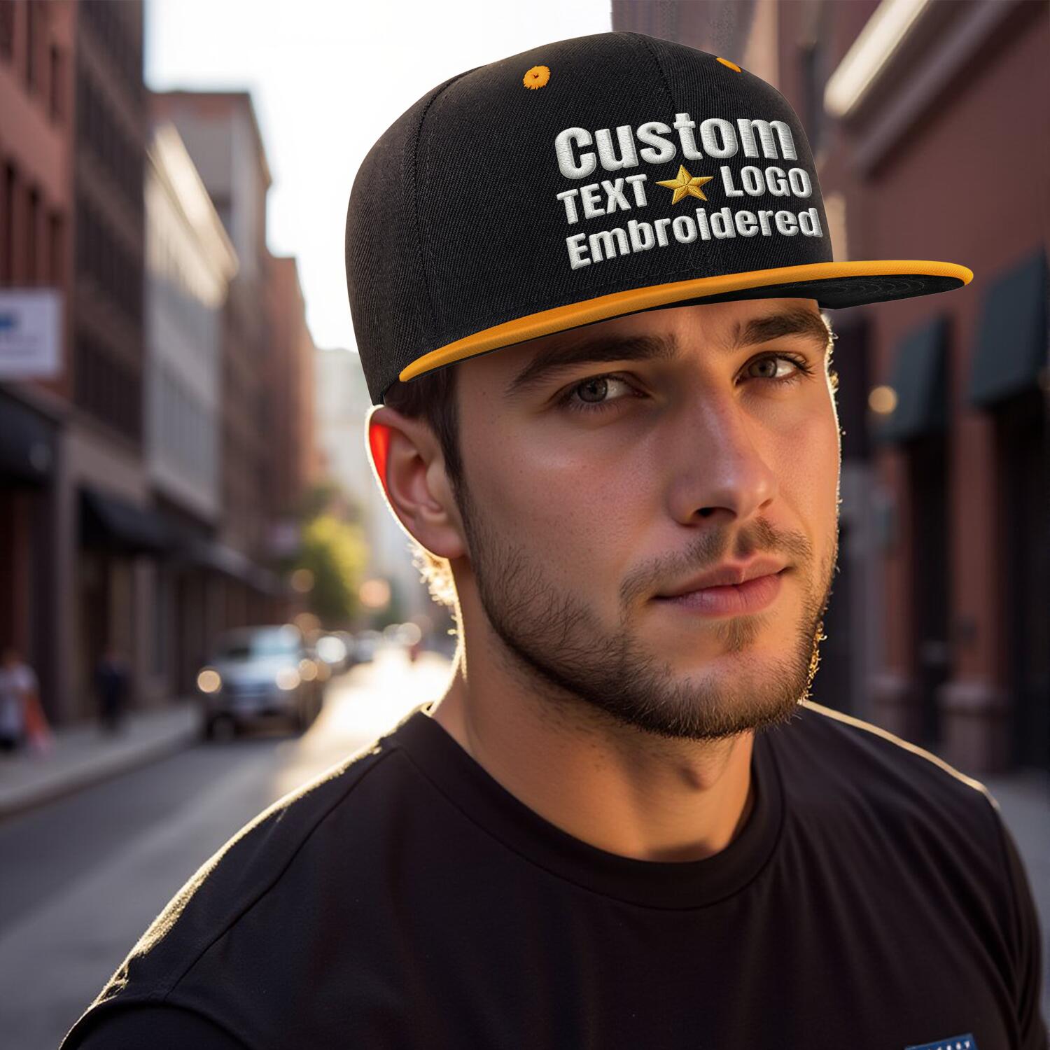 Custom Embroidered or Printed Black & Yellow Color-Block Flat-Brim Cap