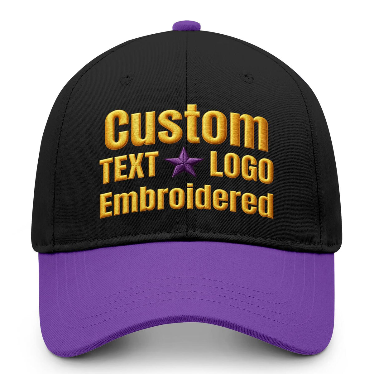 Custom embroidered or printed black &amp; purple color block baseball cap by Vosoli | Personalized text &amp; logo | Structured fit