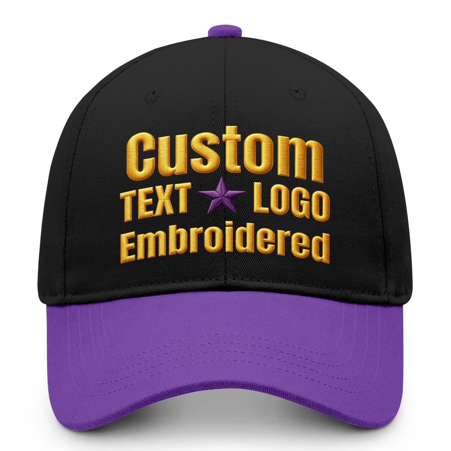 Custom embroidered or printed black & purple color block baseball cap by Vosoli | Personalized text & logo | Structured fit