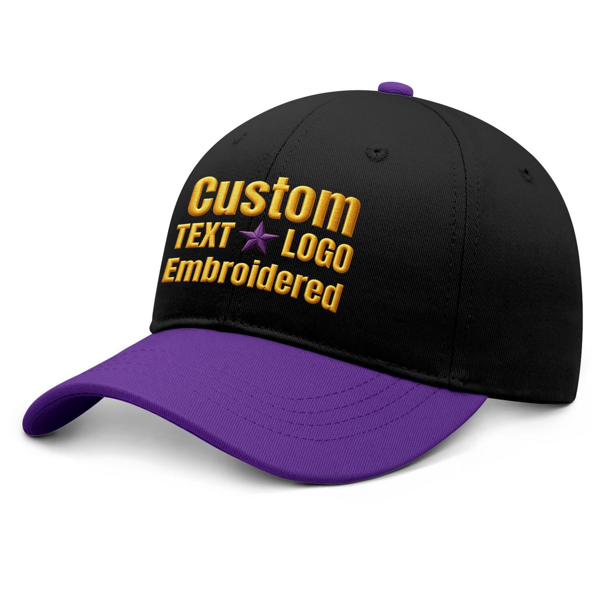 Custom Embroidered or Printed Black & Purple Color Block Baseball Cap | Personalized Sport Hat