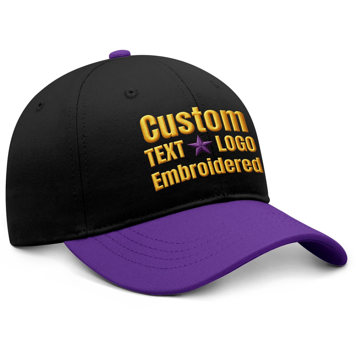Custom Embroidered or Printed Black & Purple Color Block Baseball Cap | Personalized Sport Hat