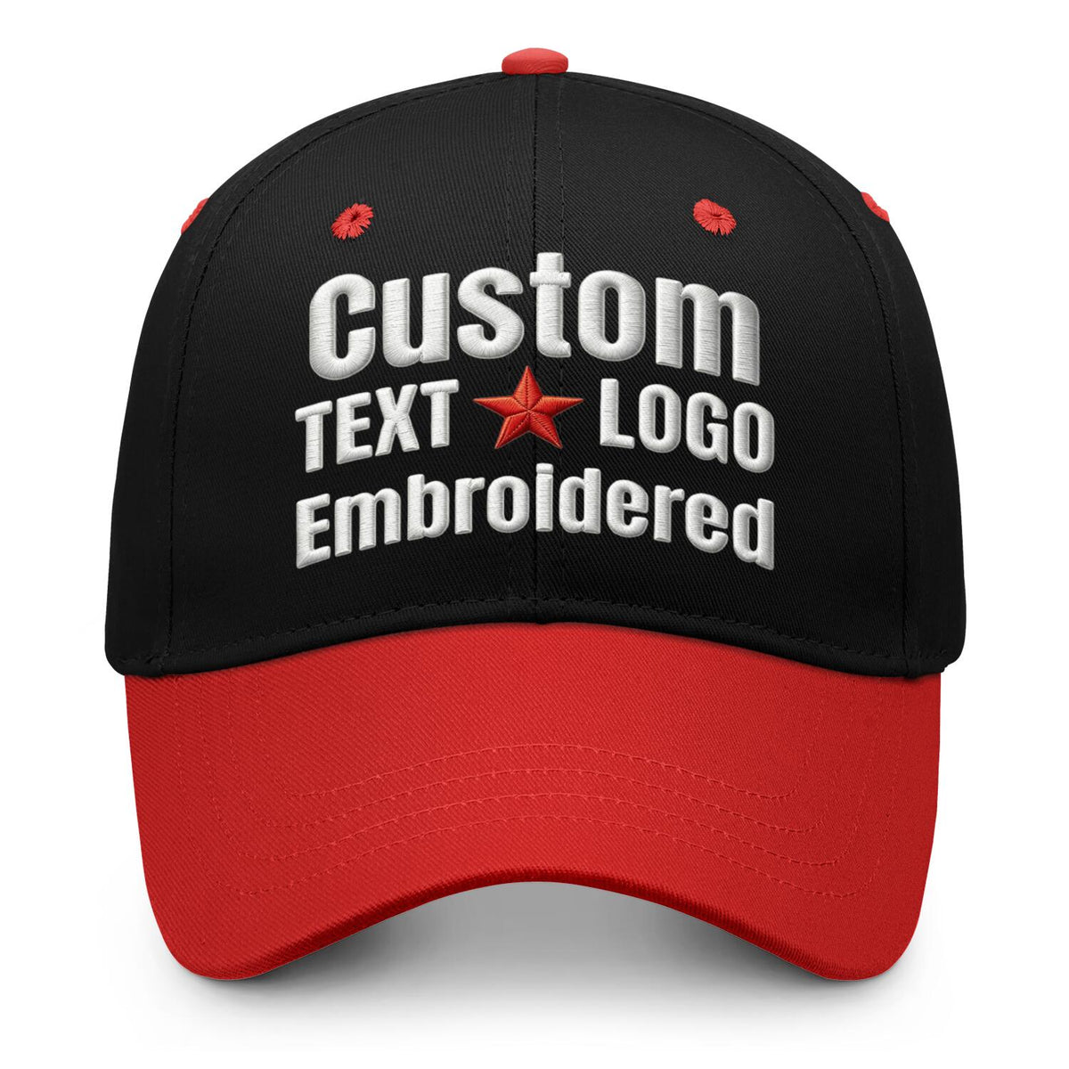 Custom embroidered or printed black &amp; red color block baseball cap by Vosoli | Personalized text &amp; logo | Structured fit