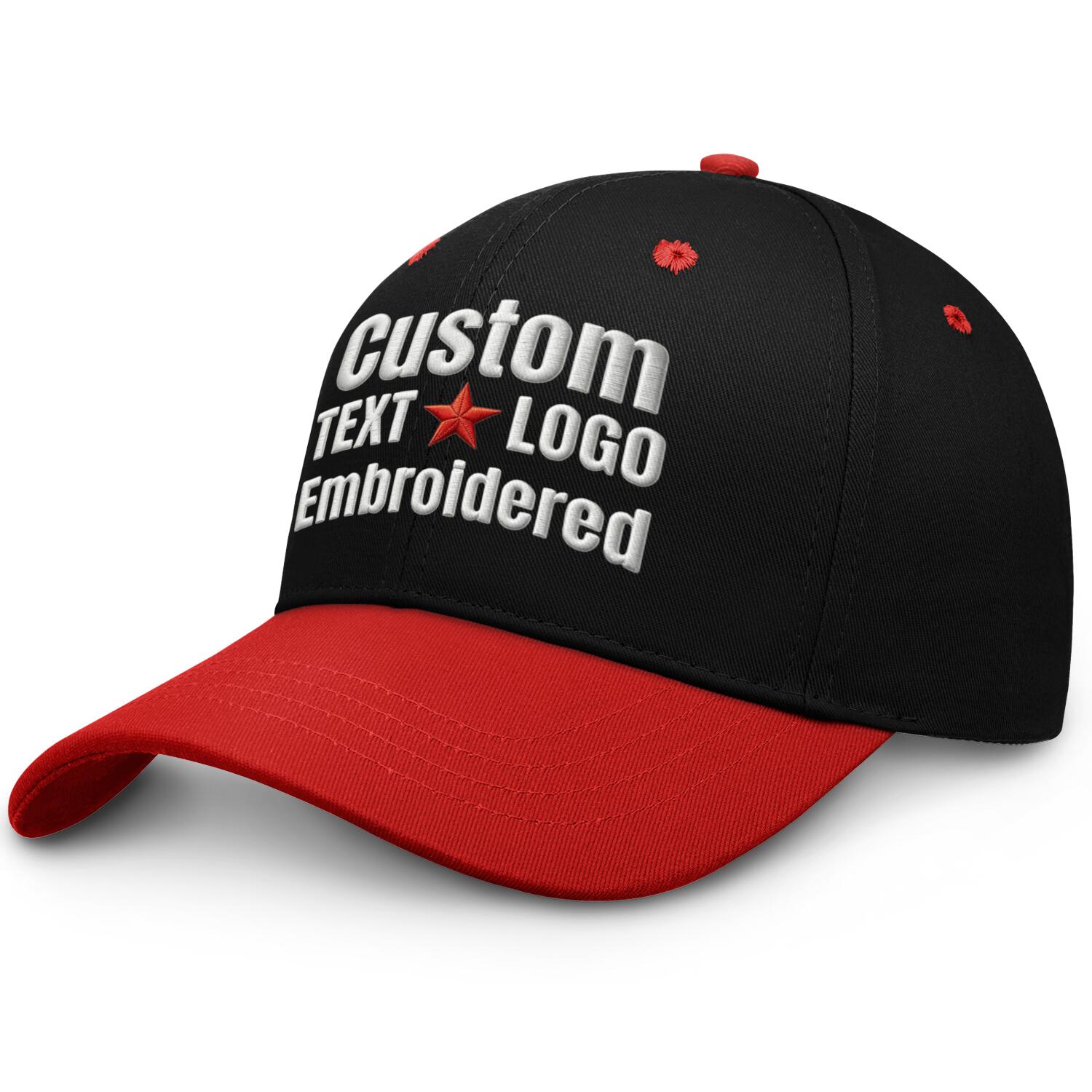 Custom embroidered or printed black & red color block baseball cap by Vosoli | Personalized text & logo | Structured fit