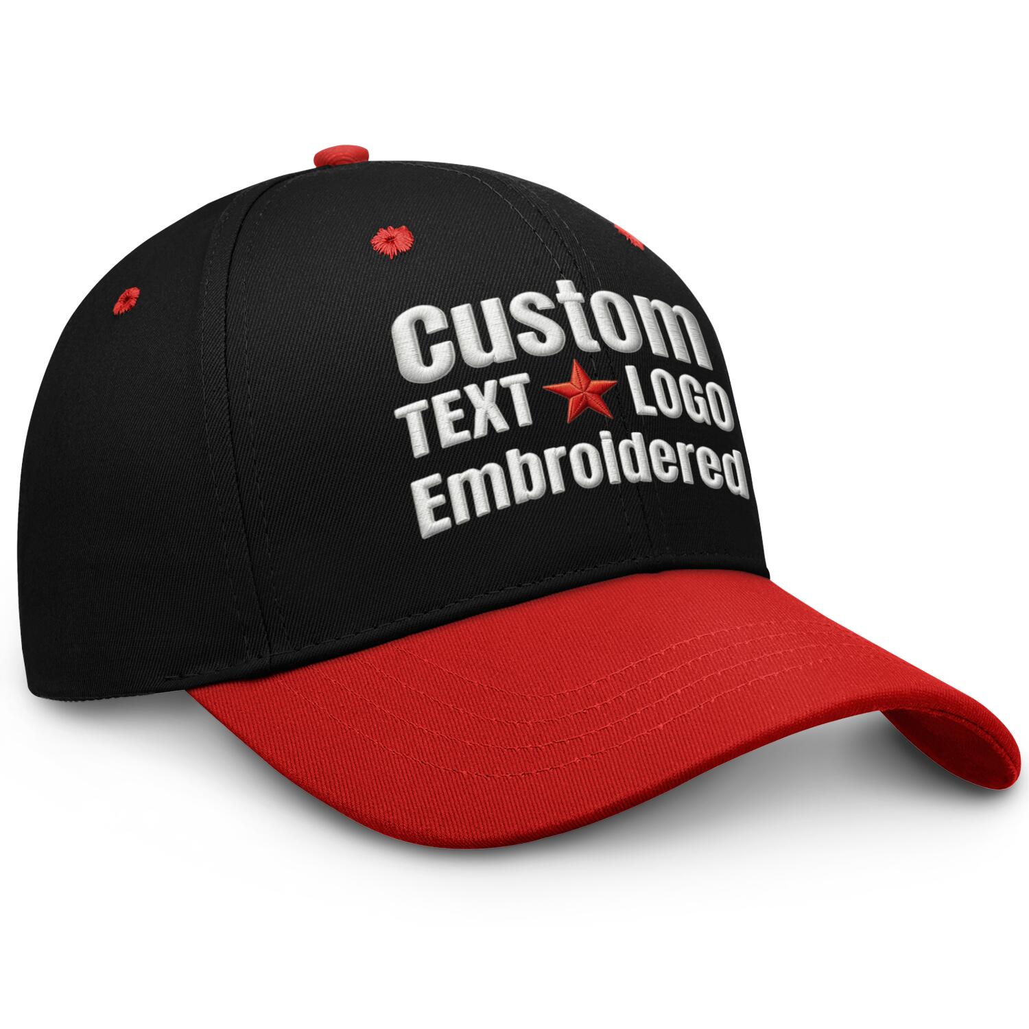 Custom Embroidered or Printed Black & Red Color Block Baseball Cap | Personalized Sport Hat