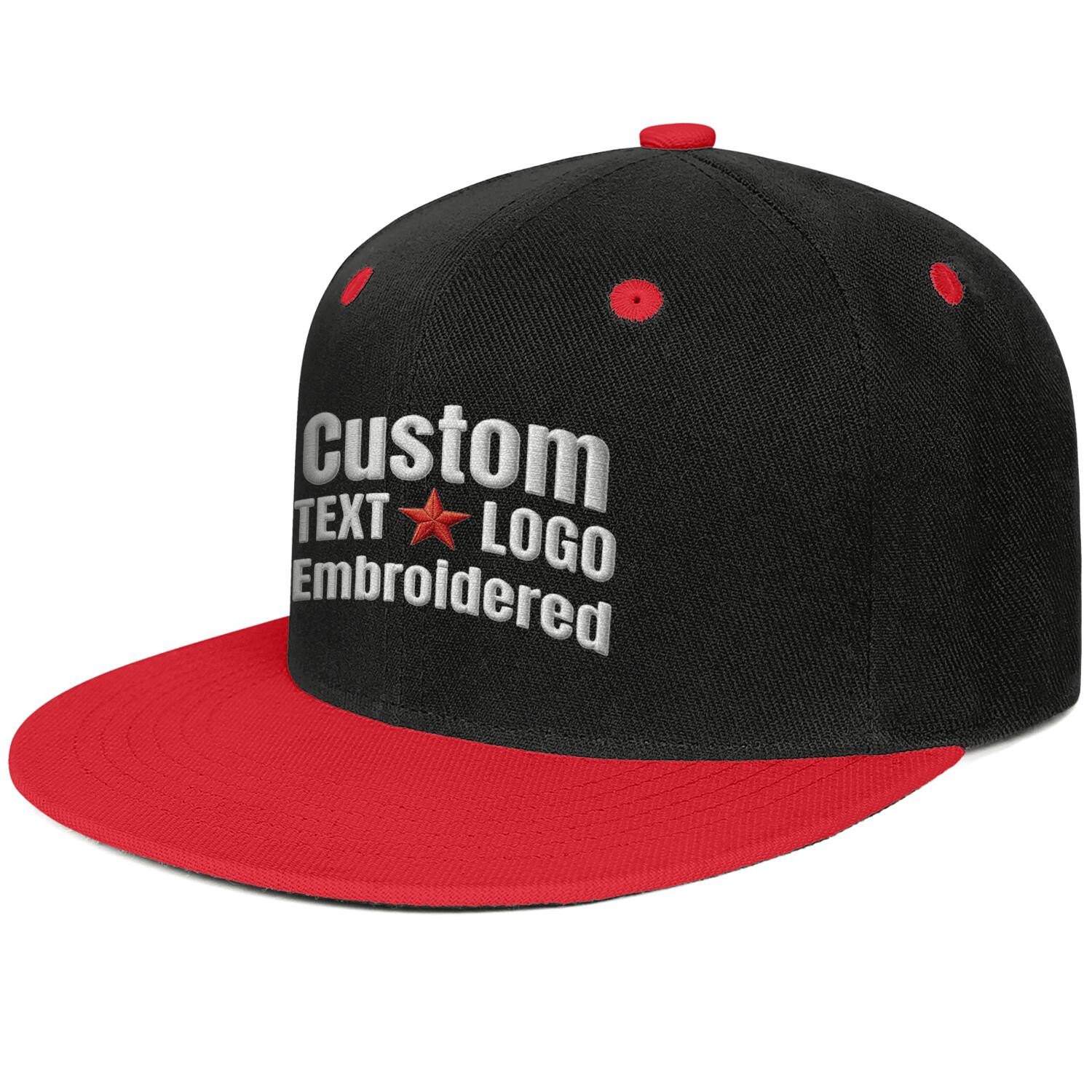 Custom embroidered or printed black & red color-block flat-brim cap by Vosoli | Personalized text & logo | Structured fit