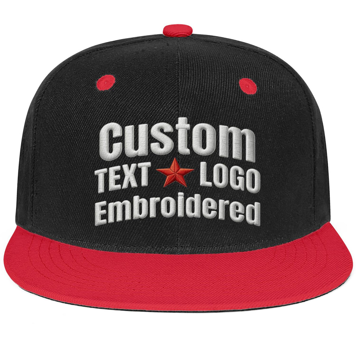 Custom Embroidered or Printed Black & Red Color-Block Flat-Brim Cap