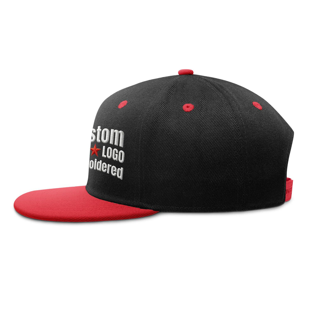 Custom Embroidered or Printed Black & Red Color-Block Flat-Brim Cap