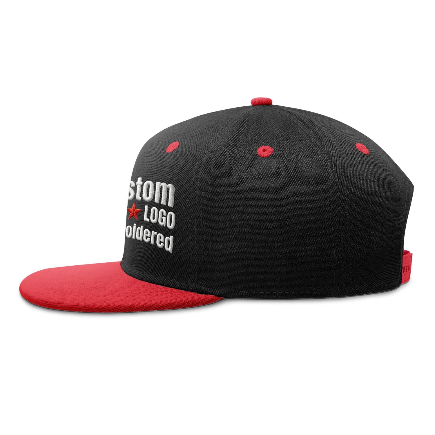 Custom Embroidered or Printed Black & Red Color-Block Flat-Brim Cap
