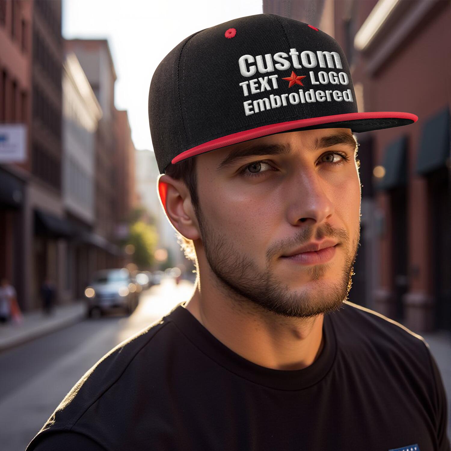 Custom Embroidered or Printed Black & Red Color-Block Flat-Brim Cap