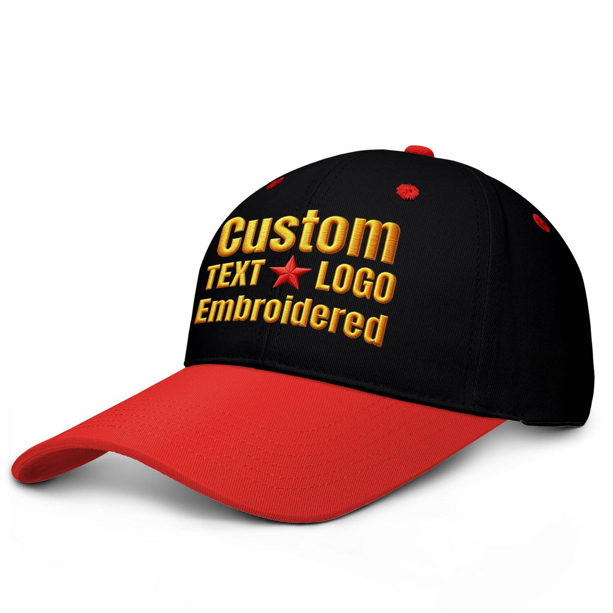 Custom embroidered or printed black &amp; red deep brim baseball cap by Vosoli | Personalized text &amp; logo | Structured fit