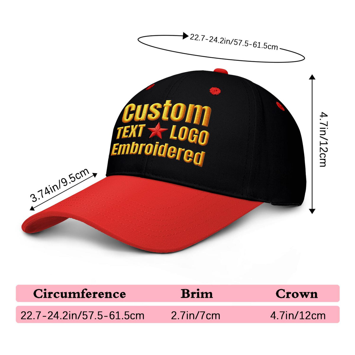 Custom Embroidered or Printed Black & Red Deep Brim Baseball Cap | Personalized Sport Hat