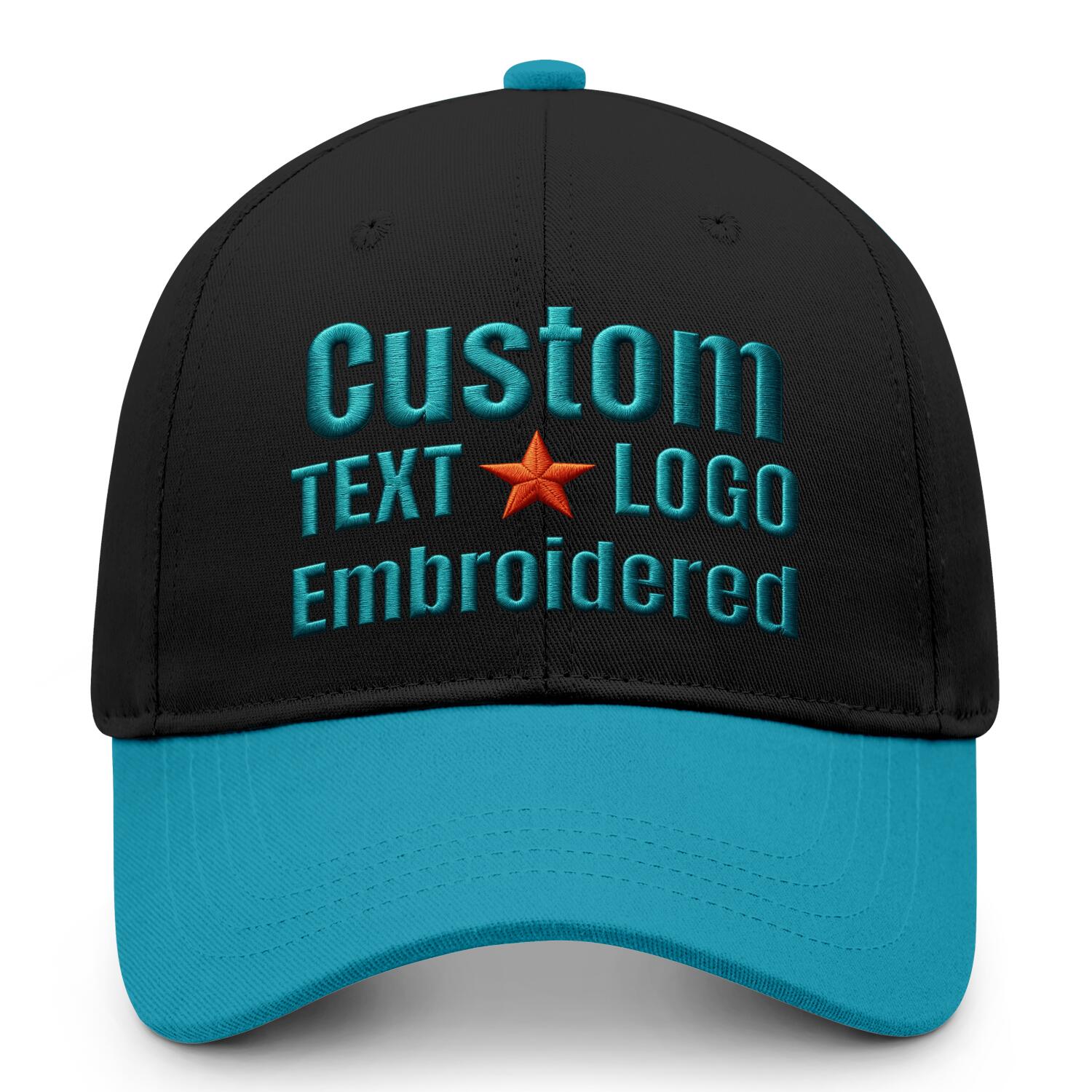 Custom embroidered or printed black & turquoise color block baseball cap by Vosoli | Personalized text & logo | Structured fit