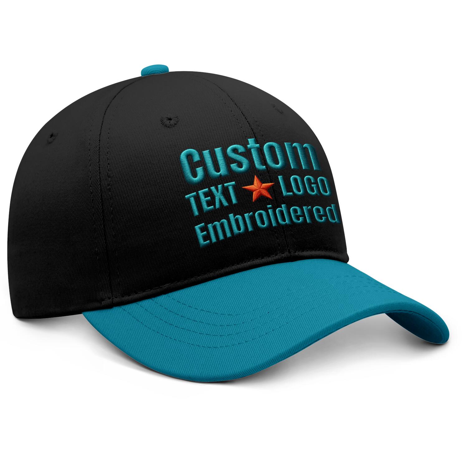 Custom Embroidered or Printed Black & Turquoise Color Block Baseball Cap | Personalized Sport Hat