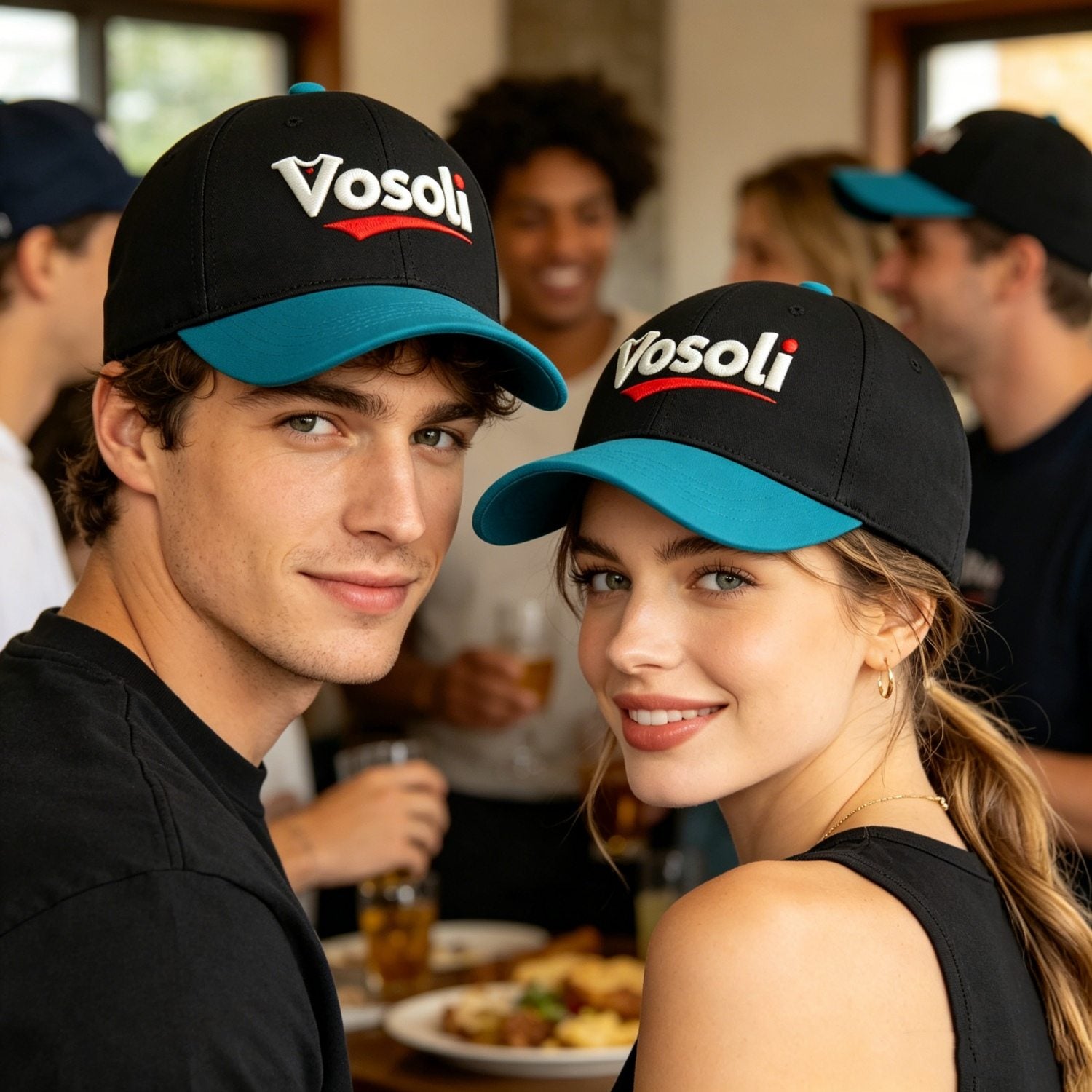 Custom Embroidered or Printed Black & Turquoise Color Block Baseball Cap | Personalized Sport Hat