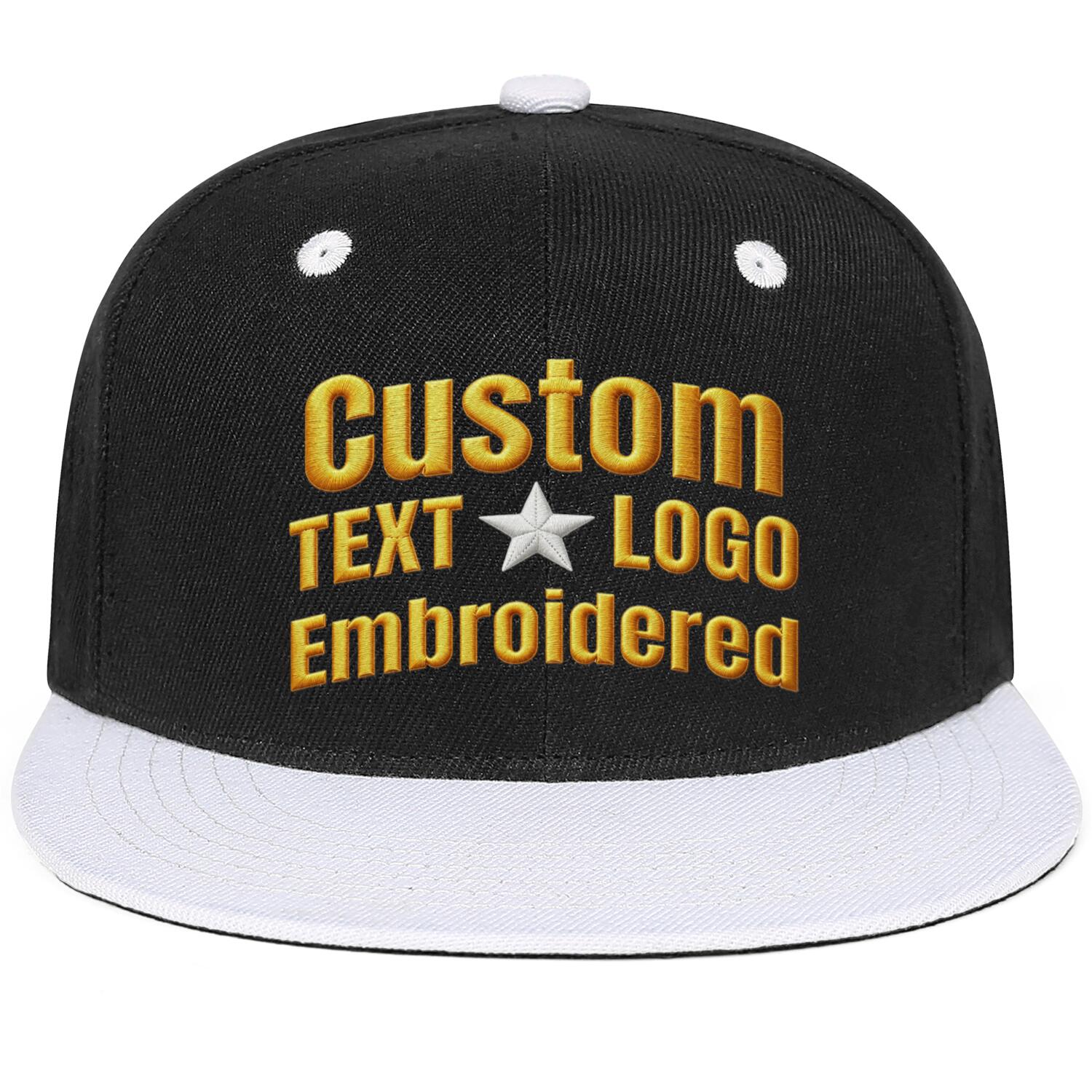 Custom embroidered or printed black & white color-block flat-brim cap by Vosoli | Personalized text & logo | Structured fit