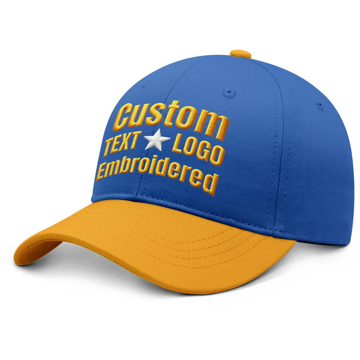 Custom Embroidered or Printed Blue & Gold Color Block Baseball Cap | Personalized Sport Hat