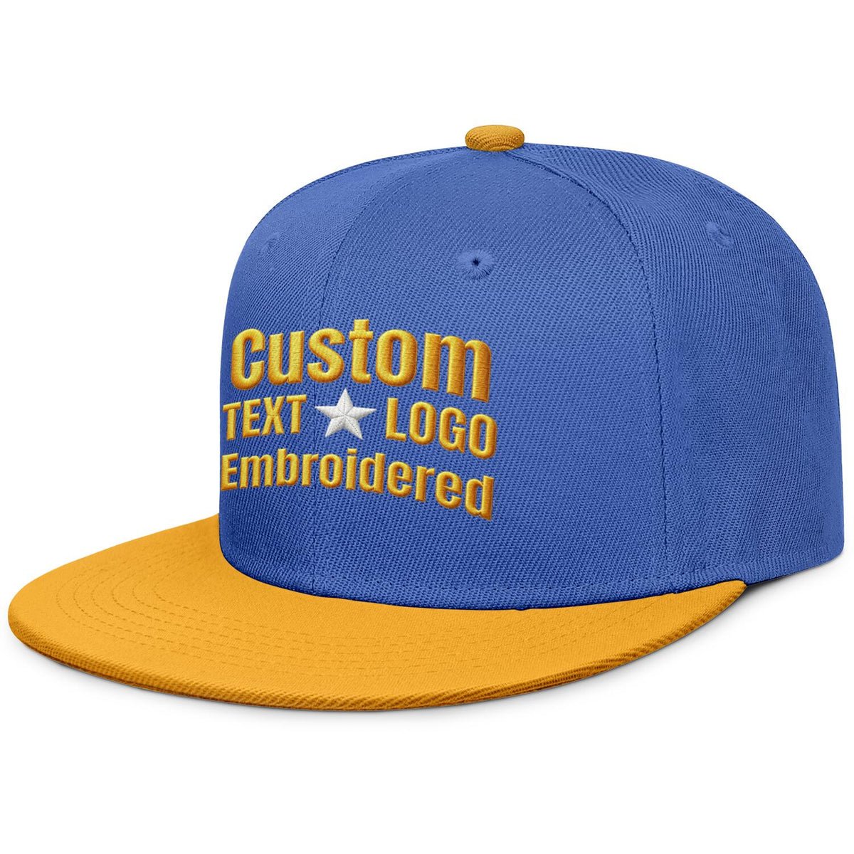Custom embroidered or printed blue &amp; gold color-block flat-brim cap by Vosoli | Personalized text &amp; logo | Structured fit