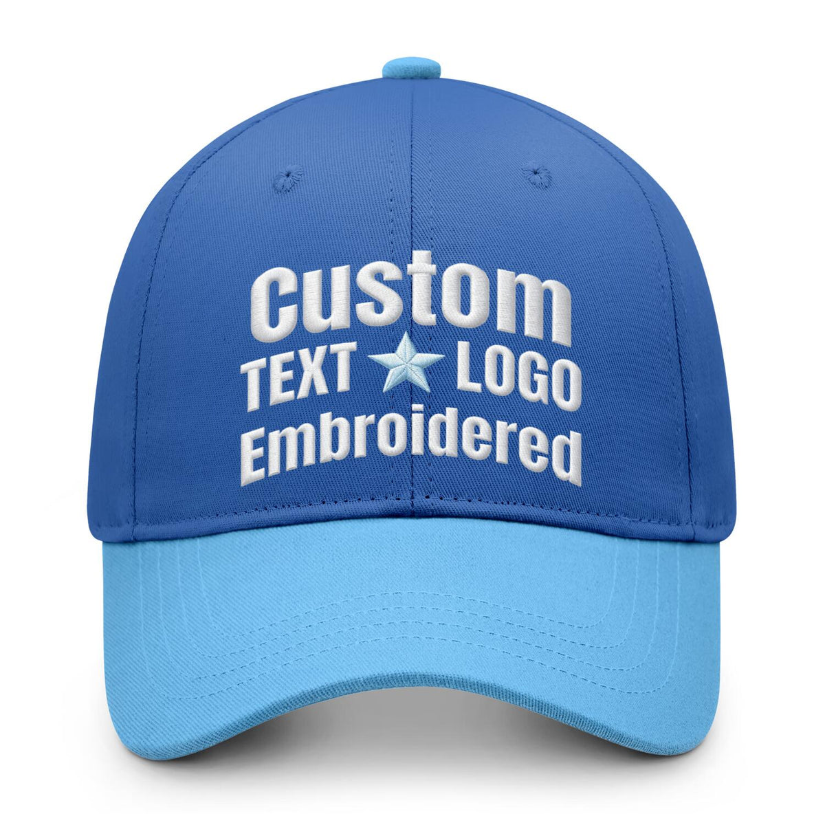 Custom embroidered or printed blue &amp; light blue color block baseball cap by Vosoli | Personalized text &amp; logo | Structured fit