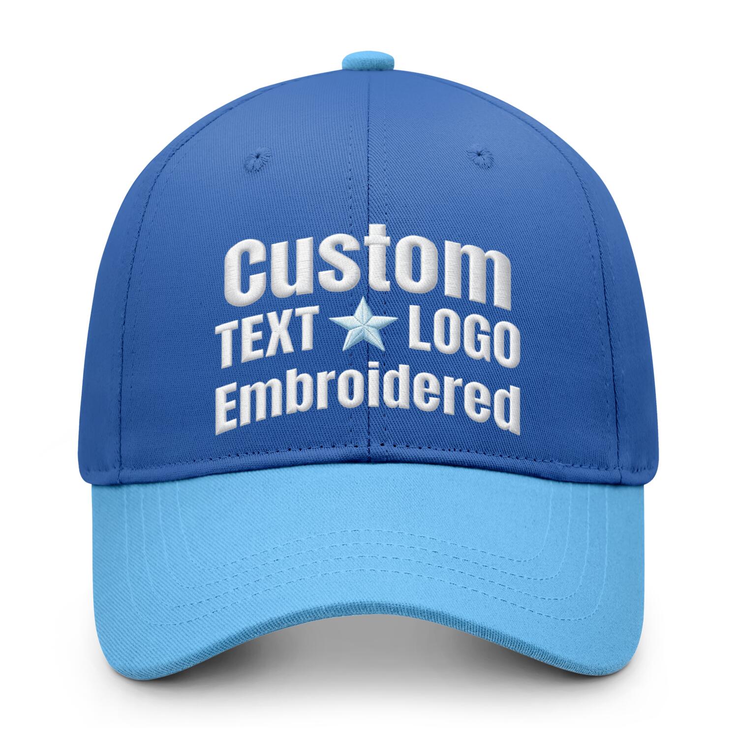 Custom embroidered or printed blue & light blue color block baseball cap by Vosoli | Personalized text & logo | Structured fit