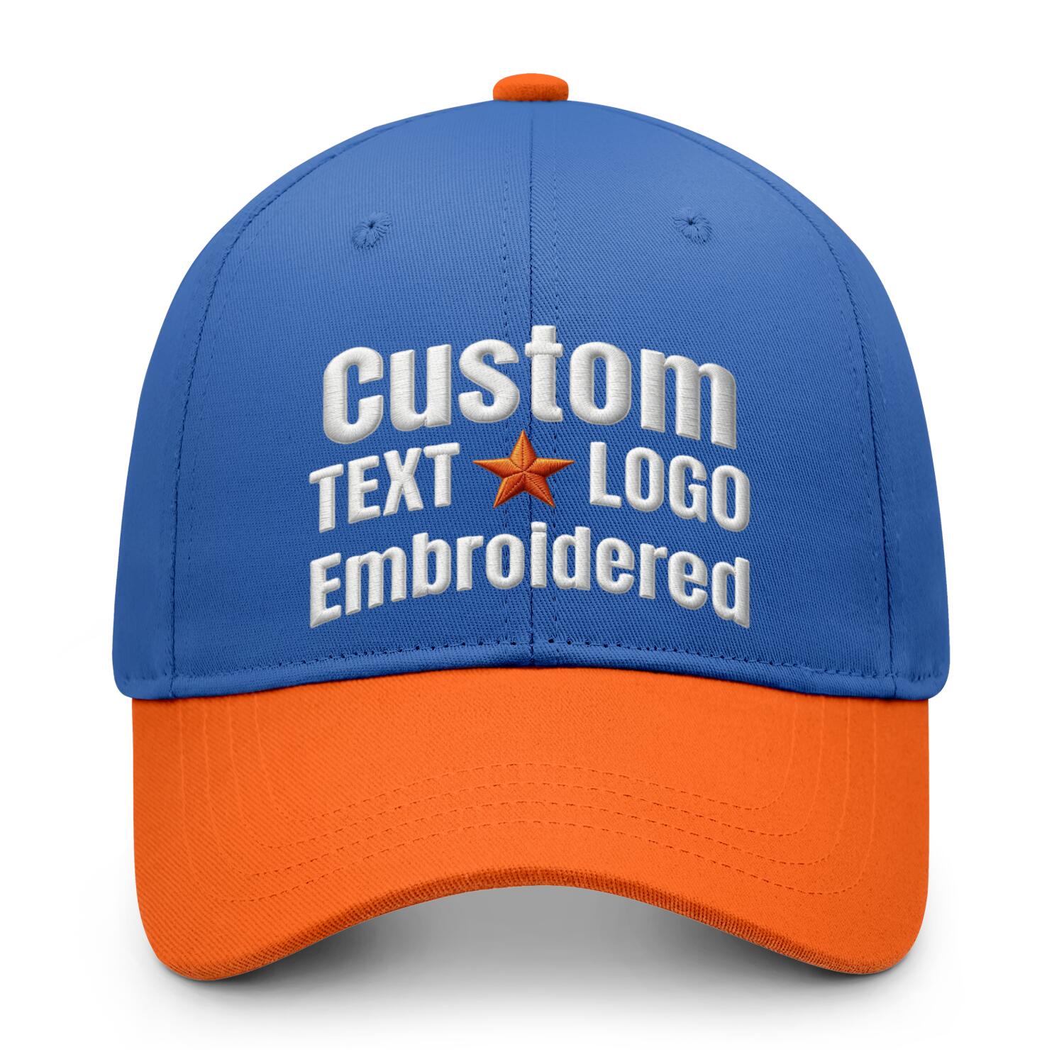 Custom embroidered or printed royal blue & orange color block baseball cap by Vosoli | Personalized text & logo | Structured fit