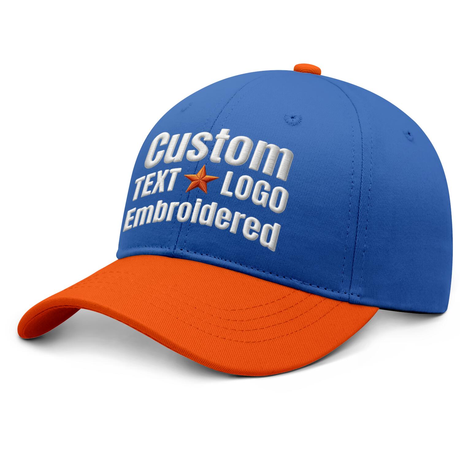 Custom embroidered or printed royal blue & orange color block baseball cap by Vosoli | Personalized text & logo | Structured fit