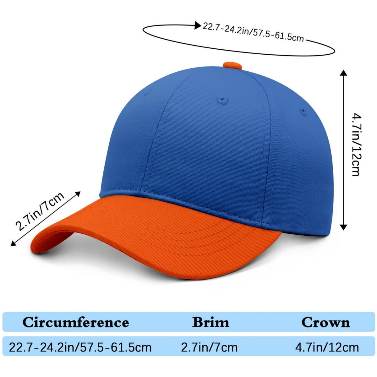 Custom Embroidered or Printed Blue & Orange Color Block Baseball Cap | Personalized Sport Hat