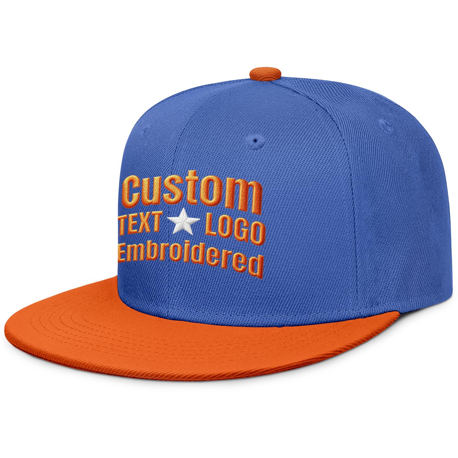 Custom embroidered or printed blue & orange color-block flat-brim cap by Vosoli | Personalized text & logo | Structured fit