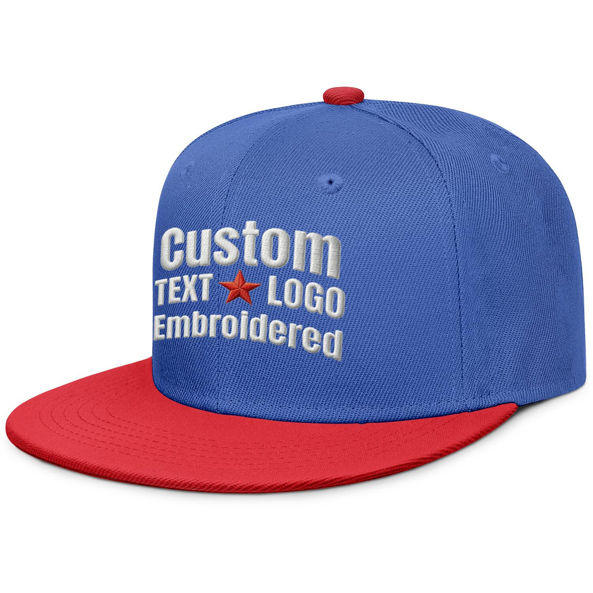 Custom embroidered or printed blue &amp; red color-block flat-brim cap by Vosoli | Personalized text &amp; logo | Structured fit