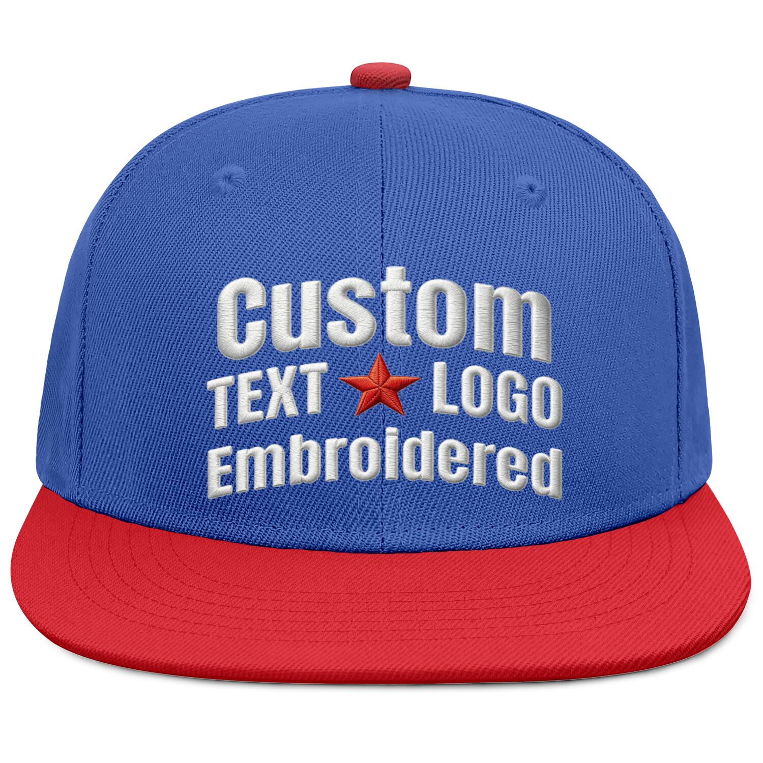 Custom Embroidered or Printed Blue & Red Color-Block Flat-Brim Cap