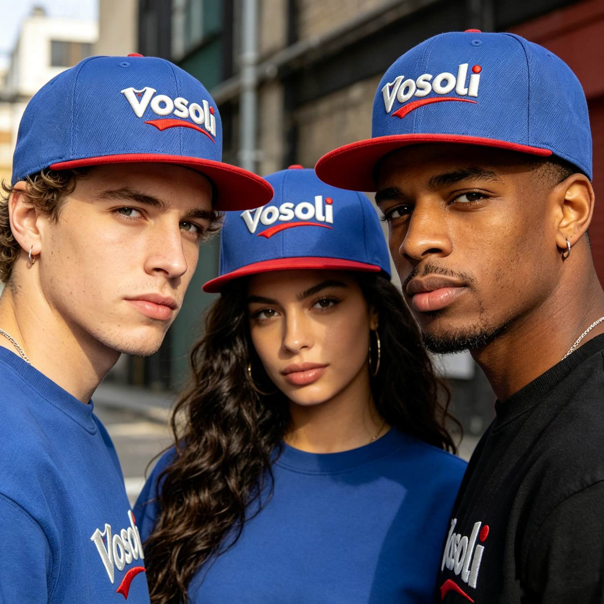 Custom Embroidered or Printed Blue & Red Color-Block Flat-Brim Cap