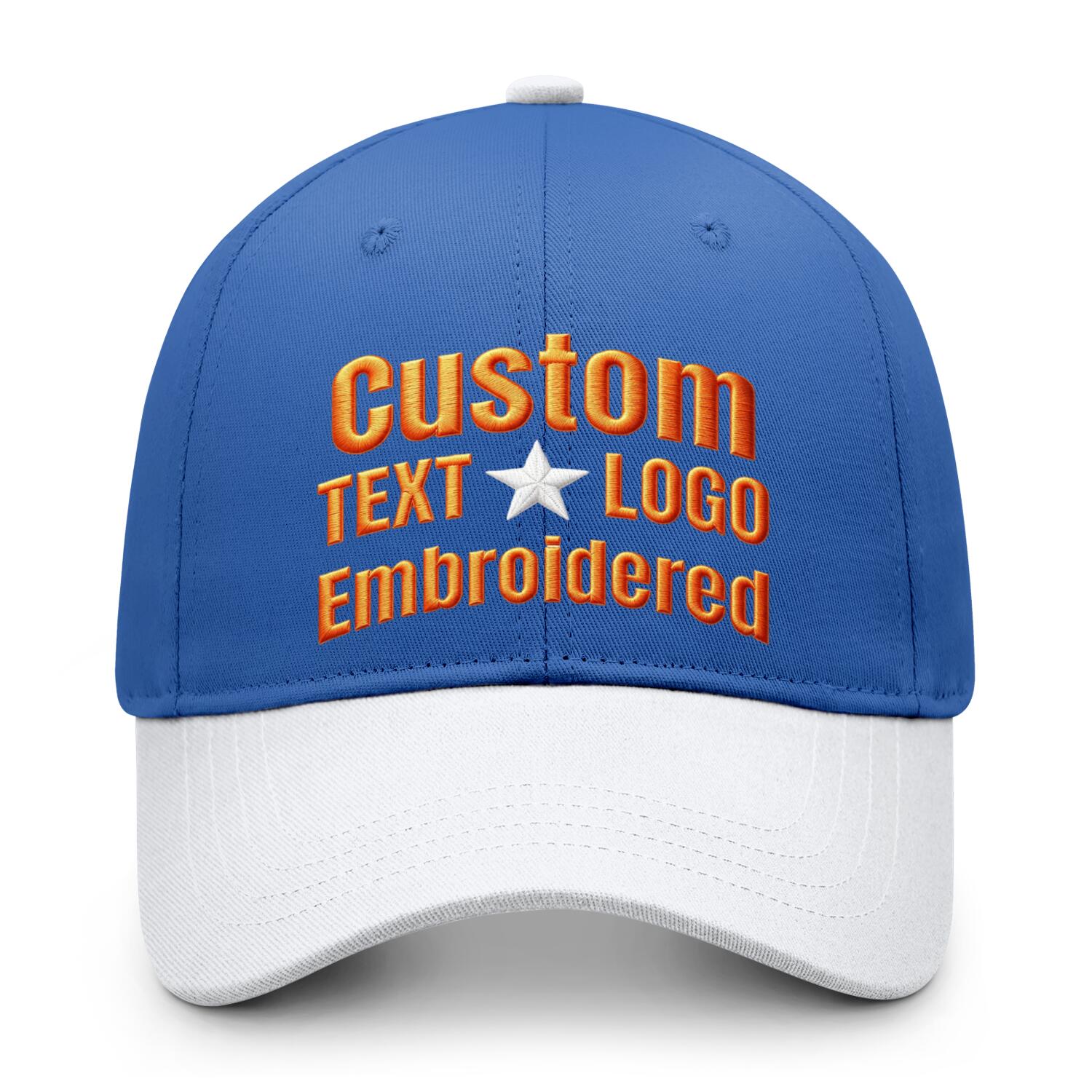 Custom embroidered or printed blue & white color block baseball cap by Vosoli | Personalized text & logo | Structured fit