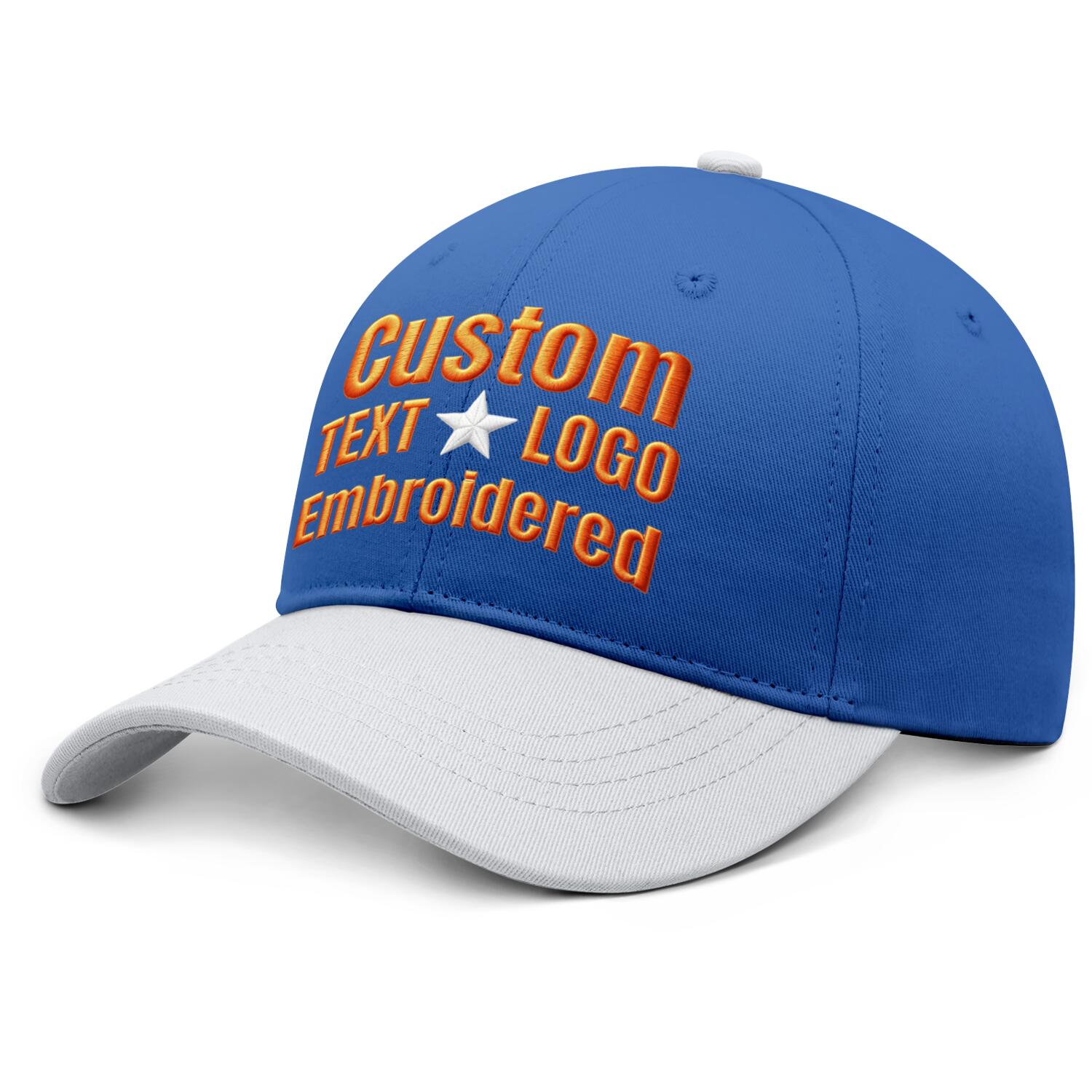 Custom embroidered or printed blue & white color block baseball cap by Vosoli | Personalized text & logo | Structured fit