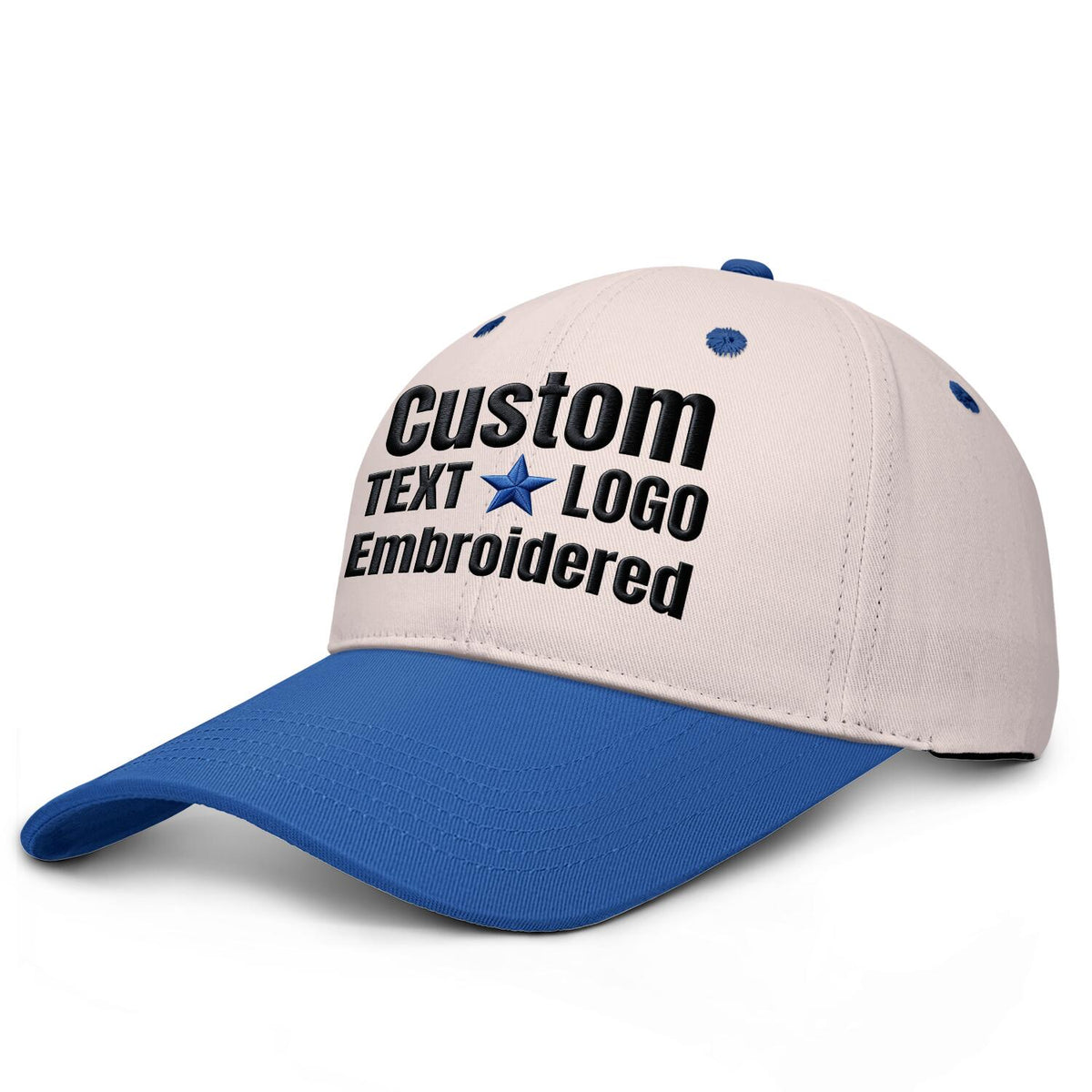 Custom embroidered or printed blush &amp; blue deep brim baseball cap by Vosoli | Personalized text &amp; logo | Structured fit
