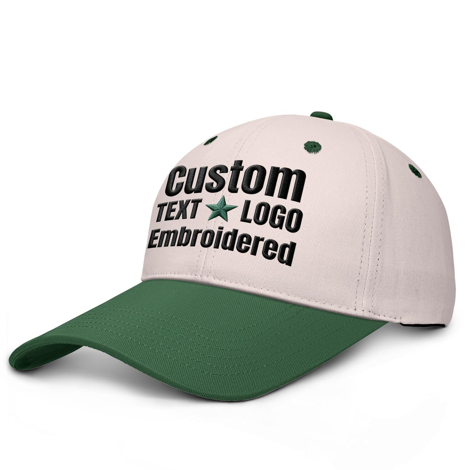 Custom embroidered or printed blush & green deep brim baseball cap by Vosoli | Personalized text & logo | Structured fit