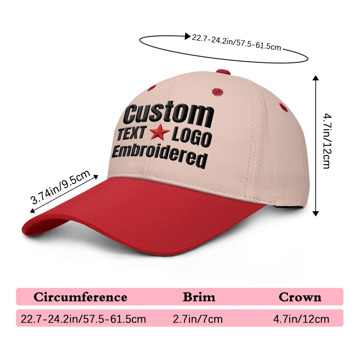 Custom Embroidered or Printed Blush & Red Deep Brim Baseball Cap | Personalized Sport Hat