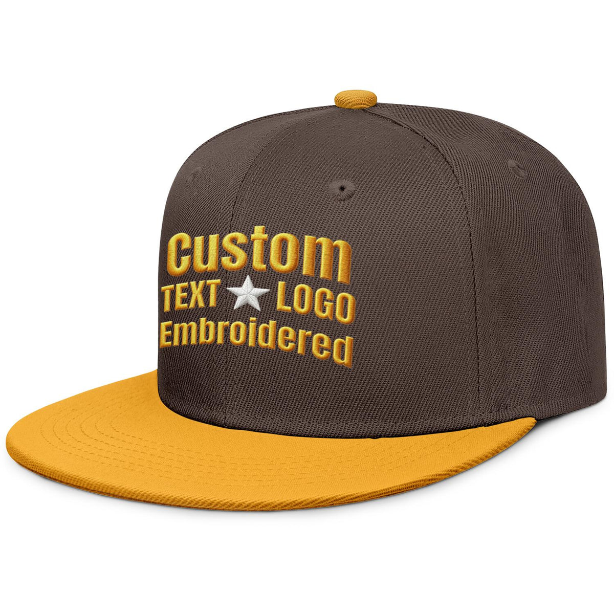 Custom embroidered or printed brown &amp; gold color-block flat-brim cap by Vosoli | Personalized text &amp; logo | Structured fit