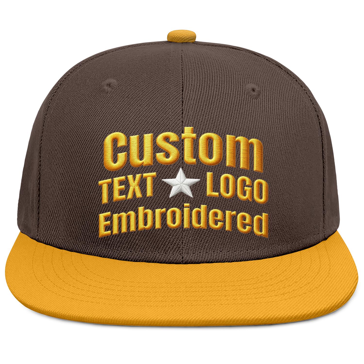Custom Embroidered or Printed Brown & Gold Color-Block Flat-Brim Cap