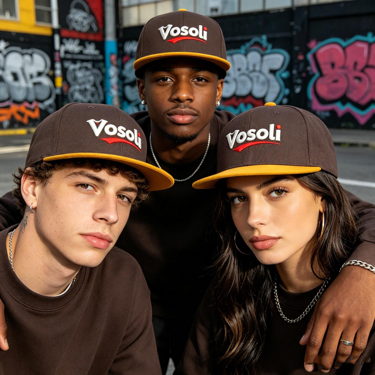 Vosoli Dark Brown & Gold Color-Block Flat-Brim Hat - Unisex Personal & Team Custom 3D Embroidery or Print Cap