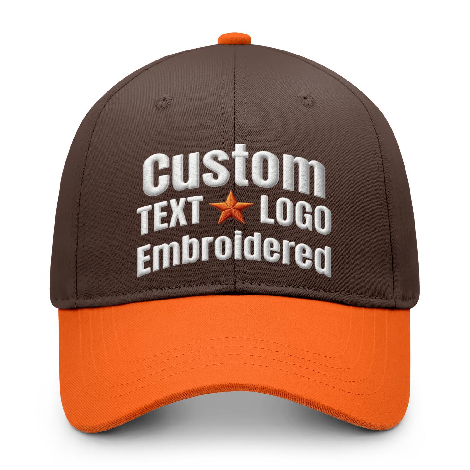 Custom embroidered or printed brown & orange color block baseball cap by Vosoli | Personalized text & logo | Structured fit