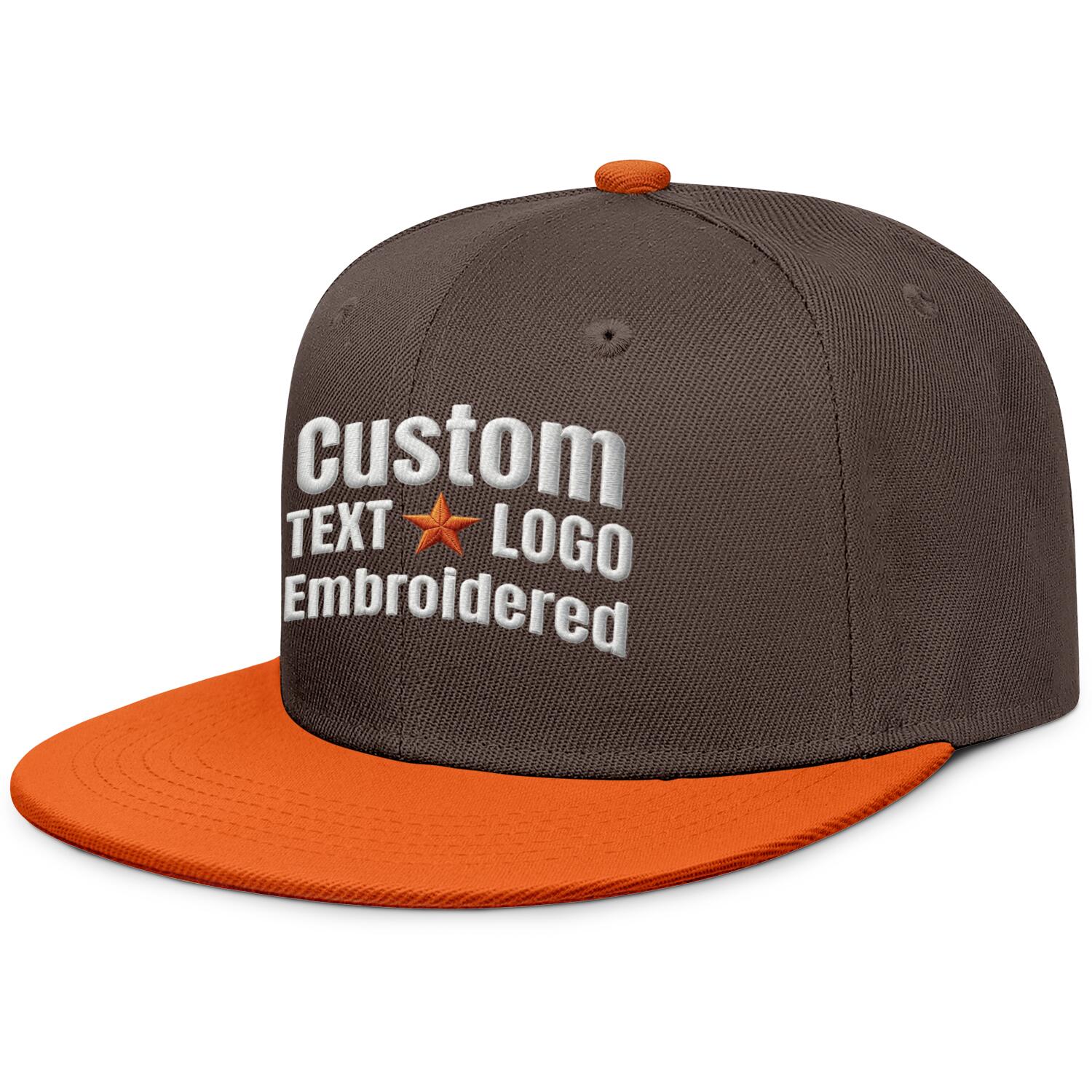 Custom embroidered or printed brown & orange color-block flat-brim cap by Vosoli | Personalized text & logo | Structured fit