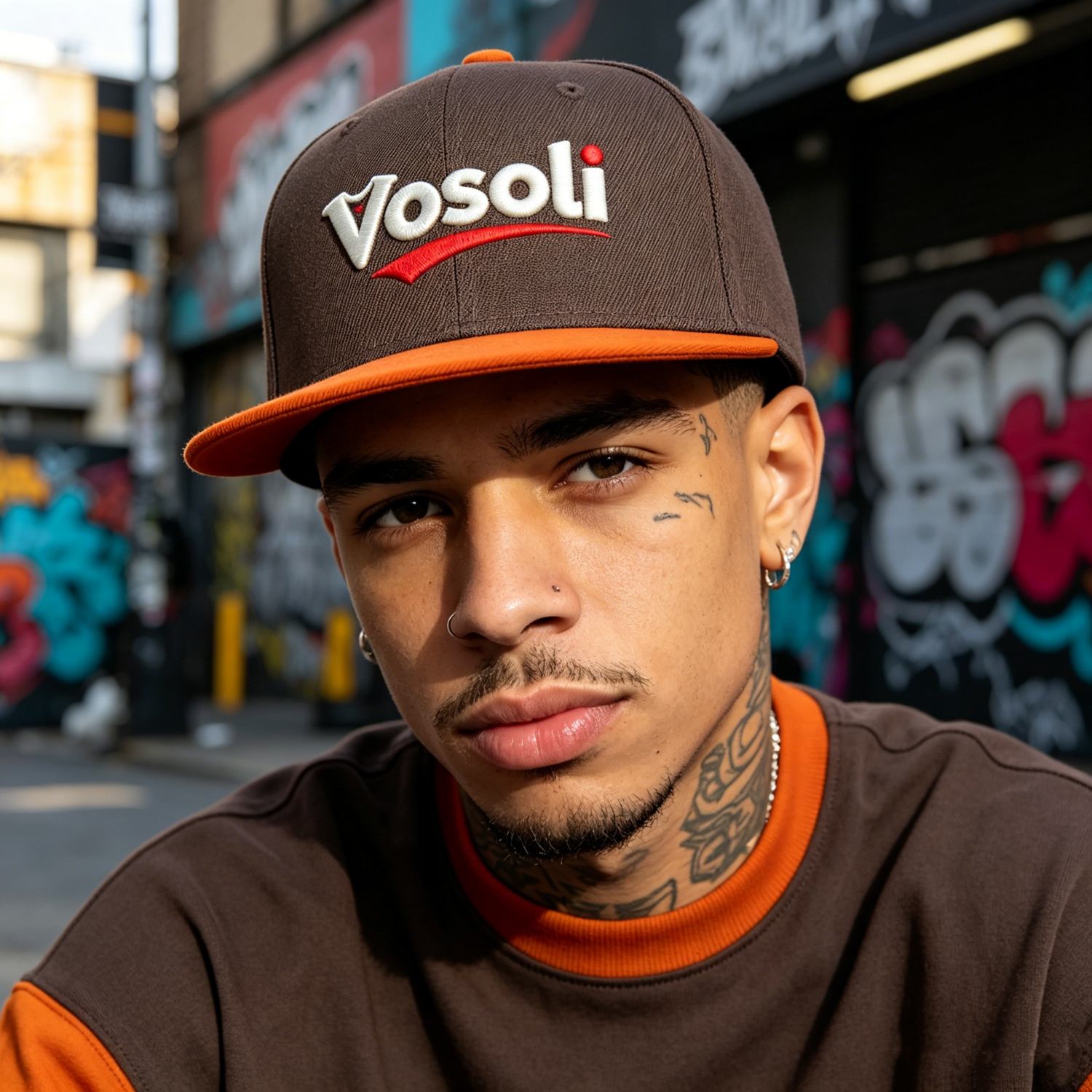 Custom Embroidered or Printed Brown & Orange Color-Block Flat-Brim Cap